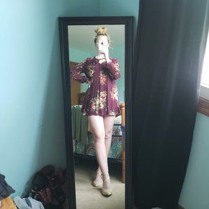 Burgundy Long Sleeve Floral Mini Dress